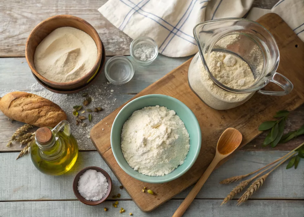 Sourdough discard bread ingredients flat lay