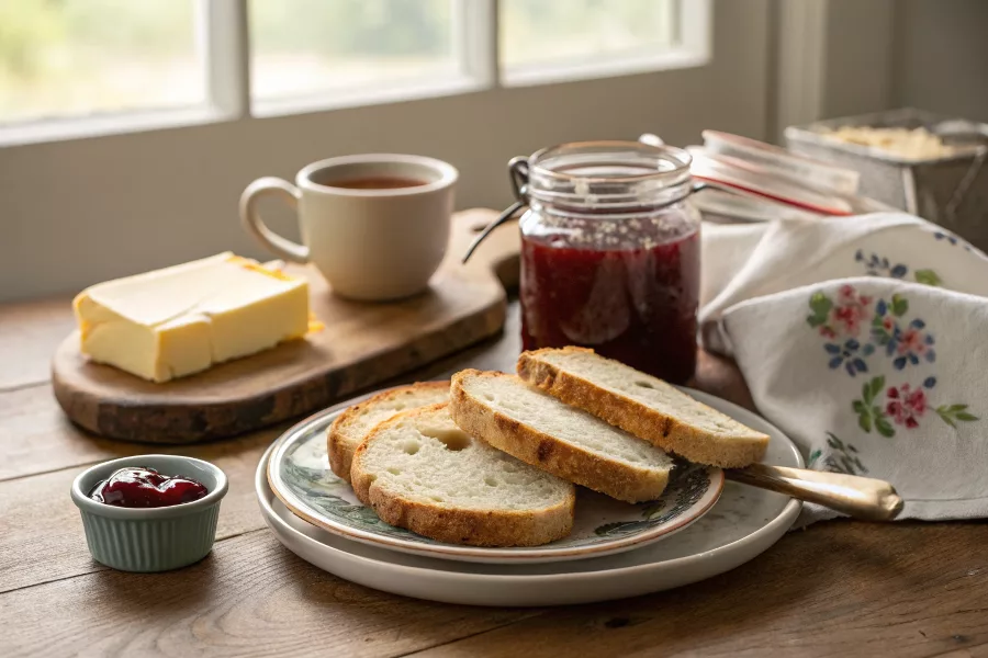 Sourdough discard bread slices served with butter and tea