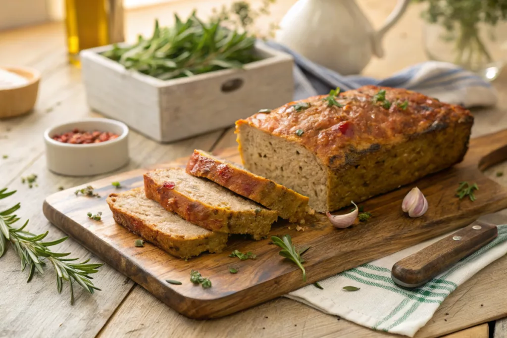 Gluten-free meatloaf sliced on board