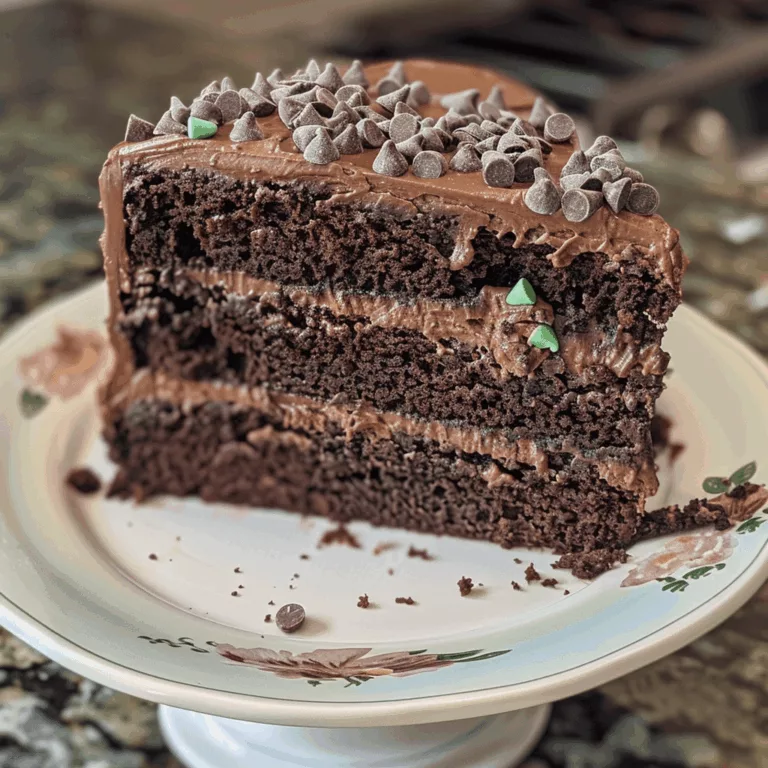 A rich, moist Andes Chocolate Mint Cake with layers of creamy mint frosting, topped with chocolate chips and Andes mints.