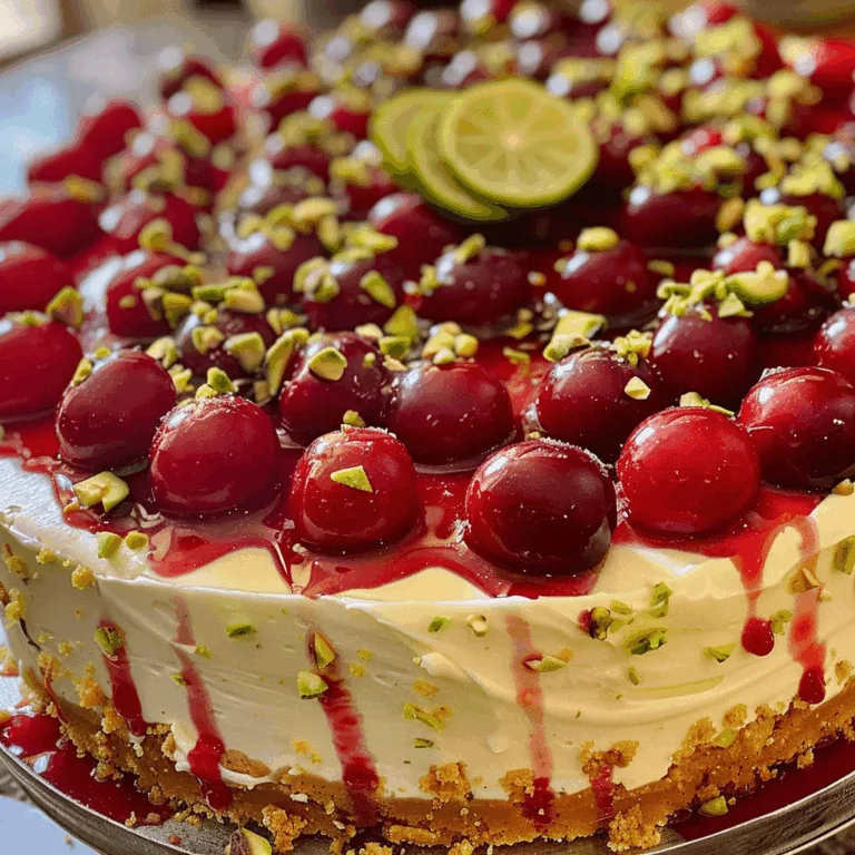 A beautifully plated Lemon-Lime Cherry Pistachio Cheesecake topped with cherry filling and chopped pistachios.