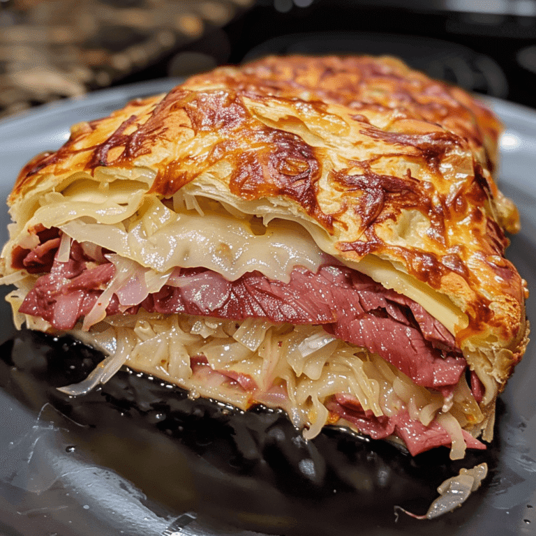Homemade Reuben Bake Recipe - Easy Comfort Food for Family Dinners Close-up of a golden-brown Homemade Reuben Bake with layers of corned beef, Swiss cheese, and sauerkraut.