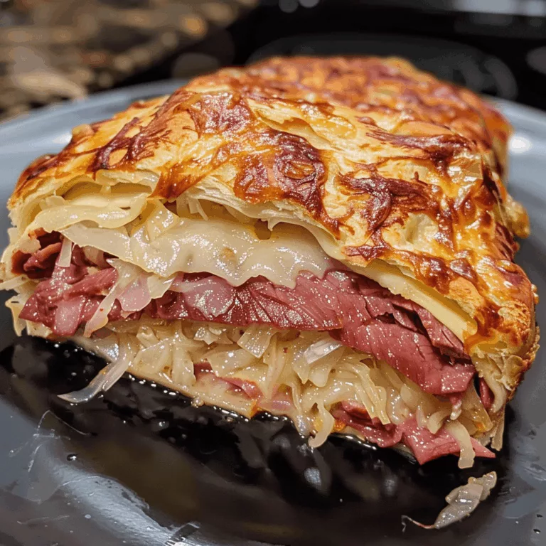 Close-up of a golden-brown Homemade Reuben Bake with layers of corned beef, Swiss cheese, and sauerkraut.