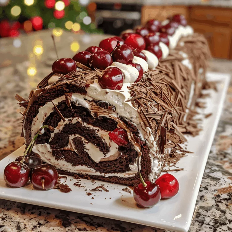 A sliced Black Forest Roll Cake with whipped cream and cherry filling, topped with chocolate shavings