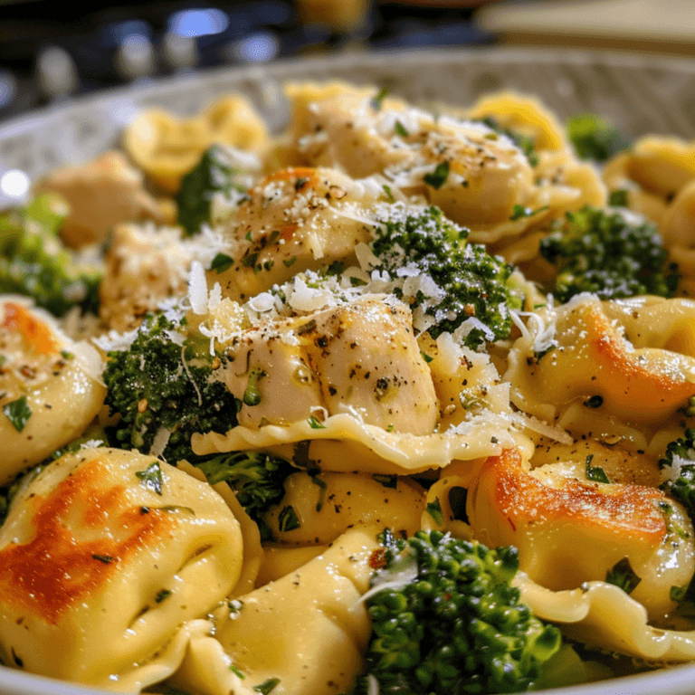 A creamy bowl of Garlic Parmesan Chicken Tortellini and Broccoli with melted cheese, tender chicken, and fresh broccoli.