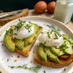 Close-up of avocado toast topped with fresh rocket salad and a drizzle of balsamic vinegar