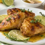 Golden crispy Honey Lime Chicken thighs glazed with honey, garnished with fresh cilantro and lime wedges on a rustic plate.