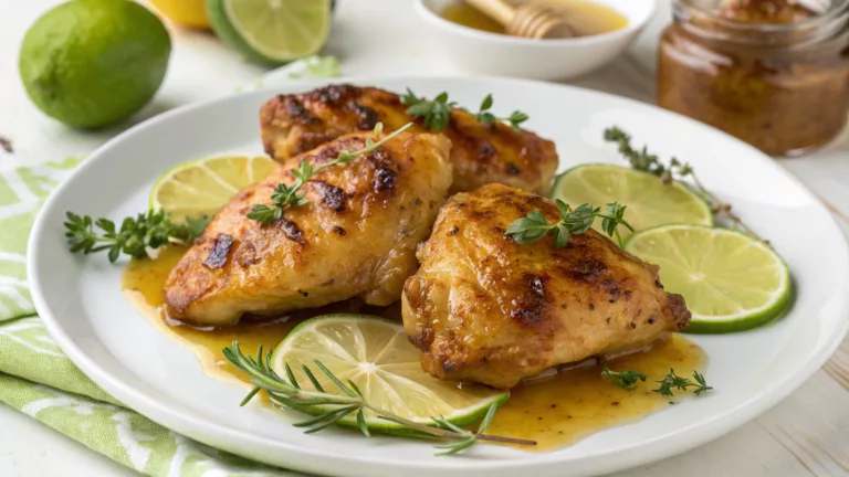 Golden crispy Honey Lime Chicken thighs glazed with honey, garnished with fresh cilantro and lime wedges on a rustic plate.