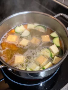 Close-up of a comforting bowl of quick tofu soup with diced zucchini - Tofu Day breakfast recipe