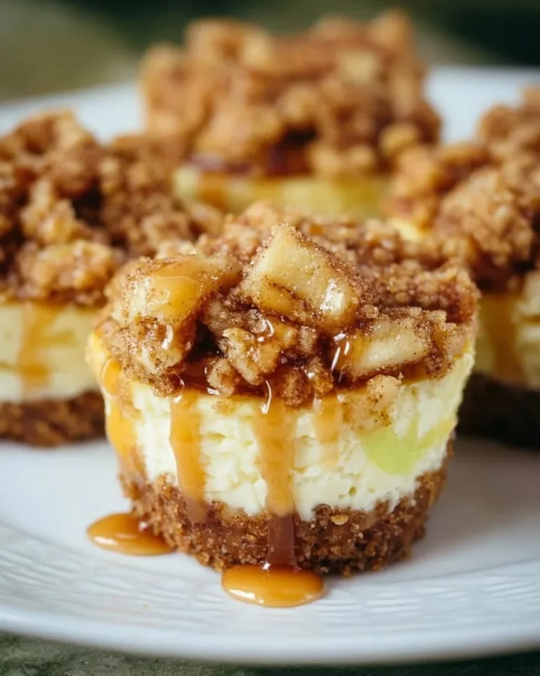 Delicious apple crisp mini cheesecakes topped with a crunchy apple mixture.