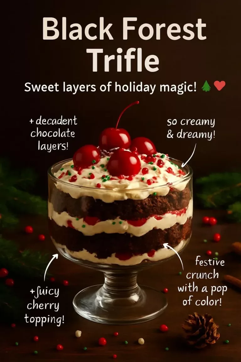 Delicious Black Forest Trifle layered with chocolate, cherries, and whipped cream