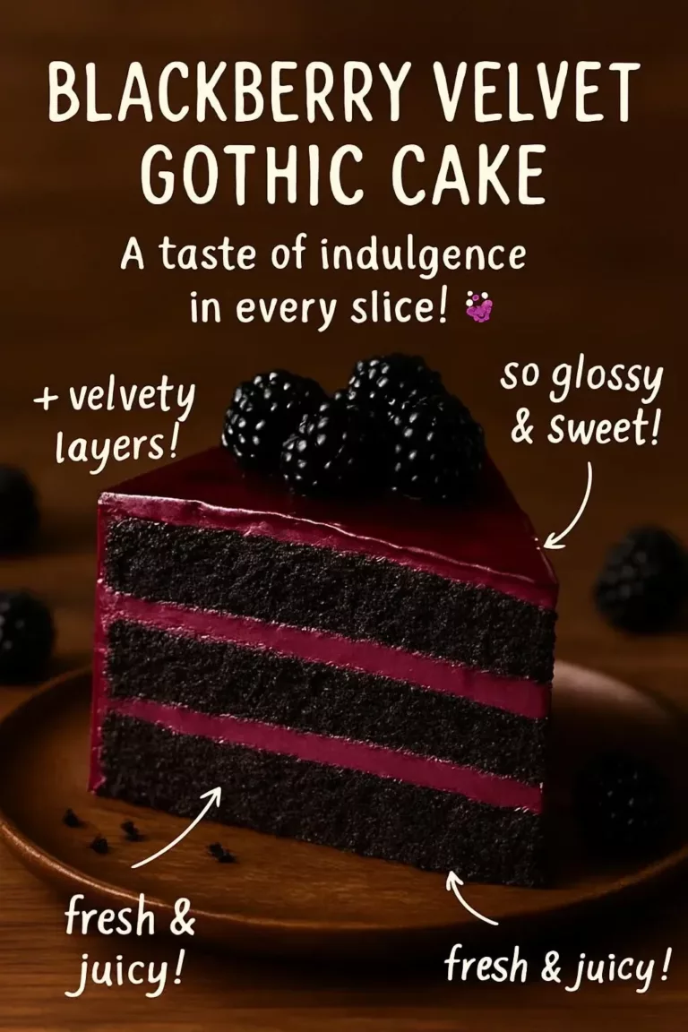 Blackberry Velvet Gothic Cake topped with fresh blackberries and velvety frosting