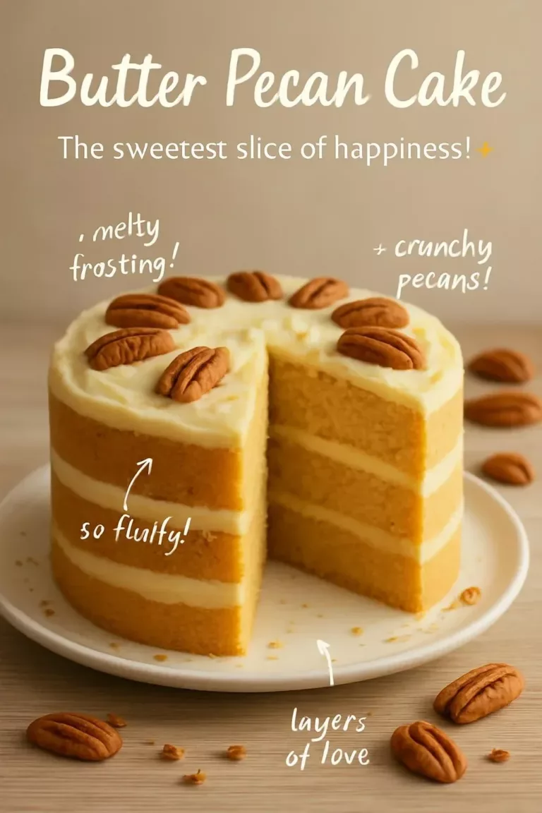 Delicious slice of Butter Pecan Cake topped with pecans