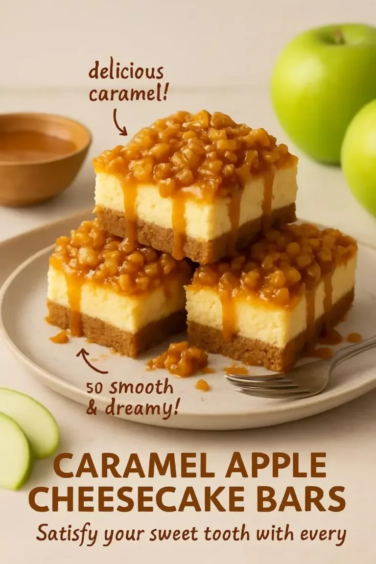 Delicious caramel apple cheesecake bars with a rich topping and apple slices