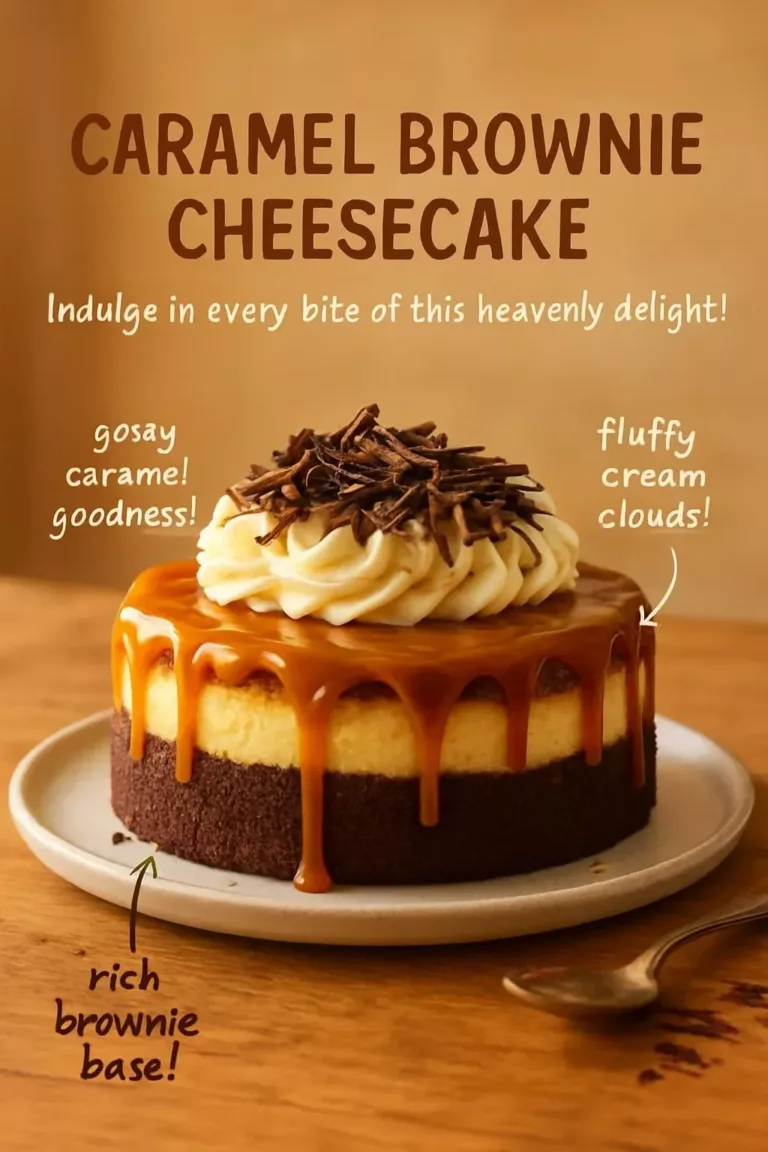 Delicious Caramel Brownie Cheesecake featuring rich brownie and creamy cheesecake layers