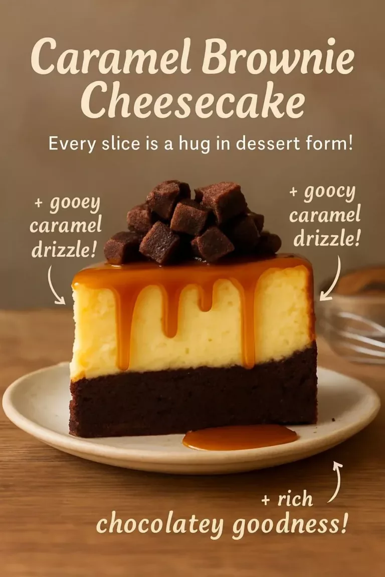 Delicious caramel brownie cheesecake topped with swirls of caramel.