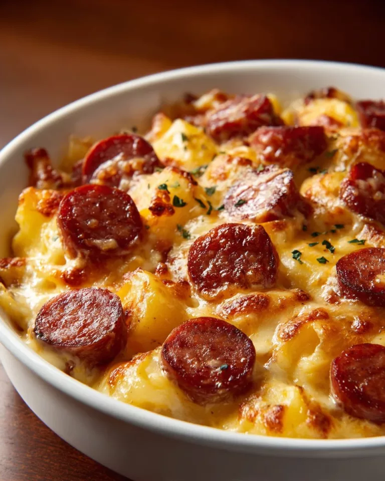 Cheesy ranch potatoes baked with smoked sausage in a creamy sauce