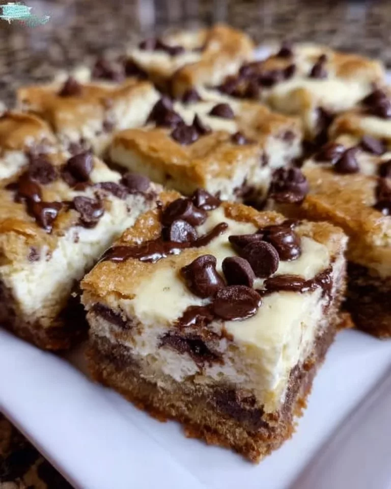 Delicious Chocolate Chip Cookie Cheesecake Bars with chocolate chips and creamy cheesecake