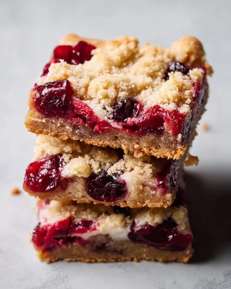 Homemade cranberry crumble bars with oat topping and fresh cranberries