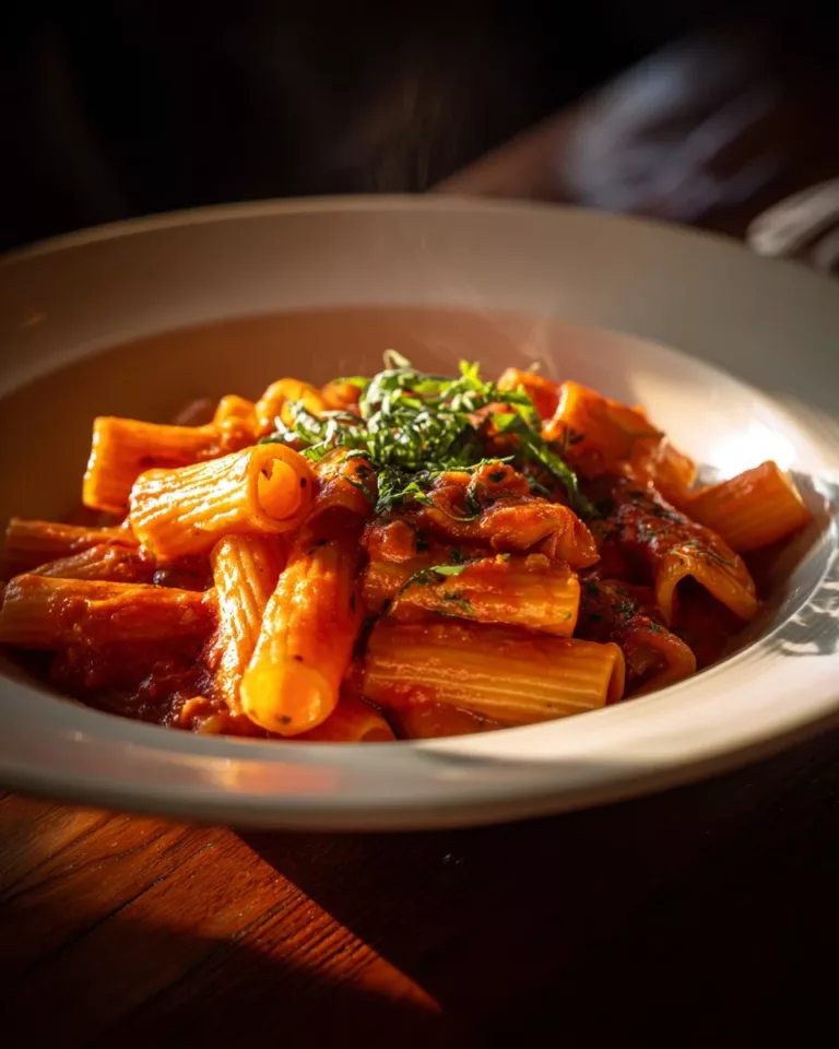 Creamy tomato garlic pasta topped with fresh herbs and Parmesan cheese