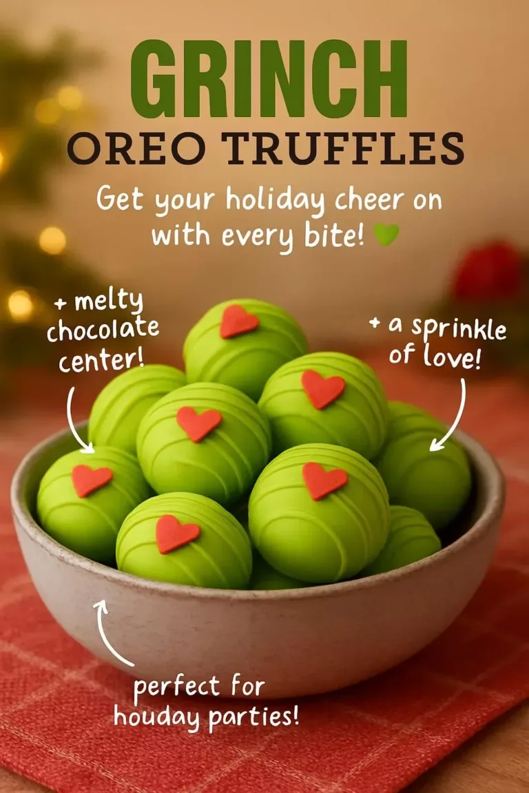 Festive Grinch Oreo Truffles decorated for the holidays.