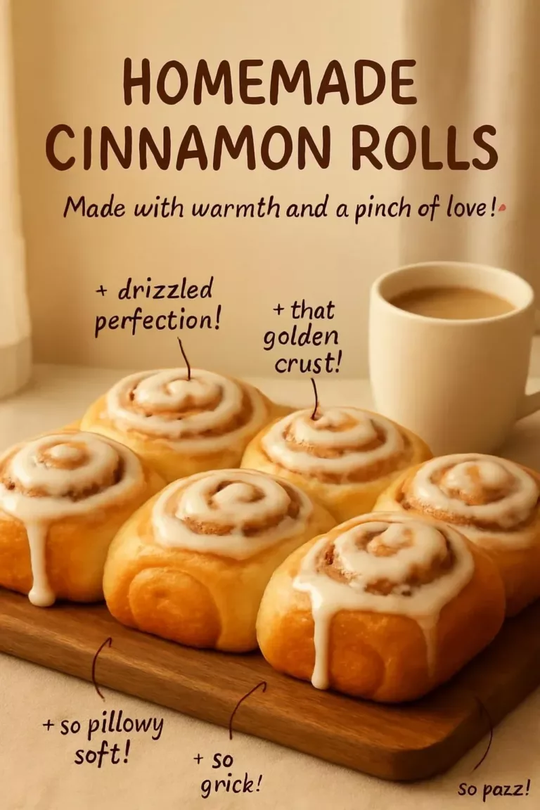Warm homemade cinnamon rolls with icing on a wooden table.