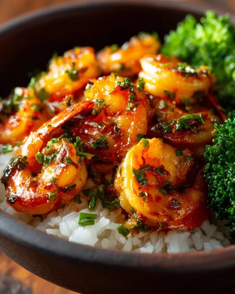 Delicious honey garlic shrimp bowl with vegetables and rice
