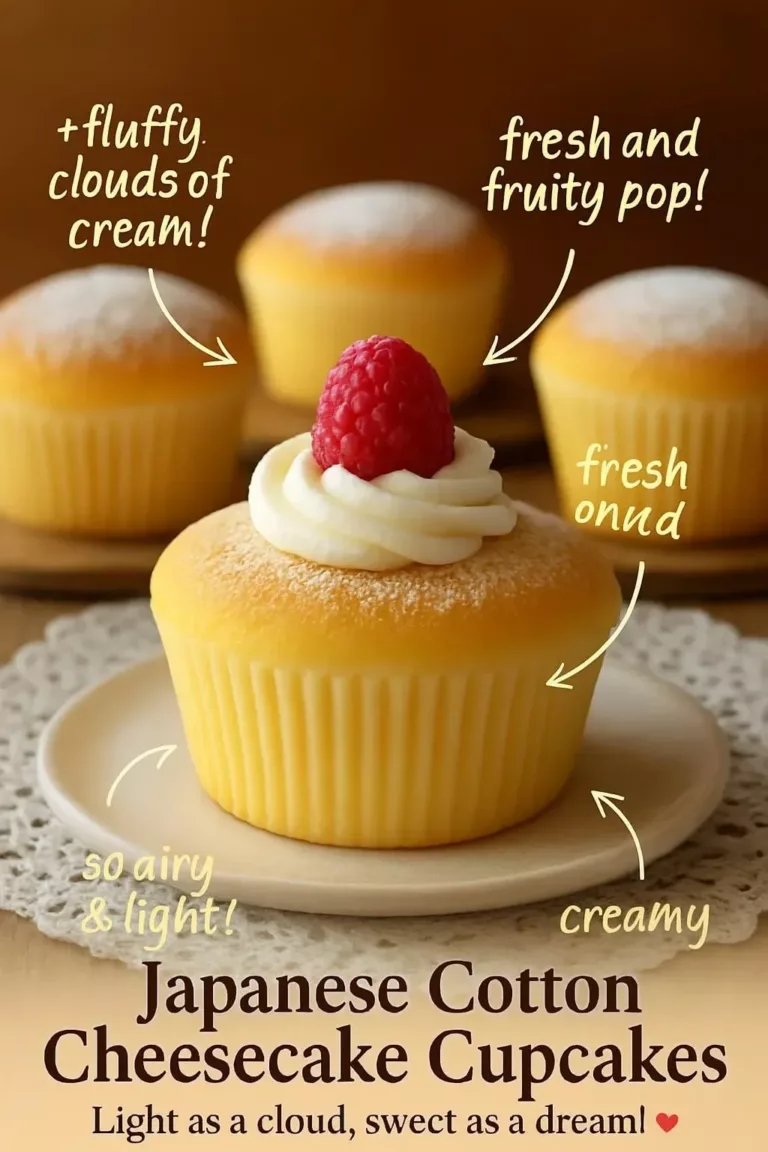 Fluffy Japanese Cotton Cheesecake Cupcakes topped with cream and berries