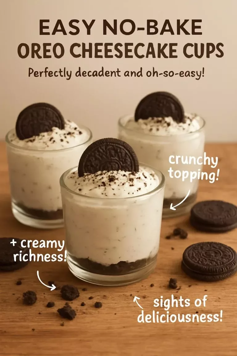 Delicious no bake Oreo cheesecake cups topped with crushed Oreos and whipped cream.