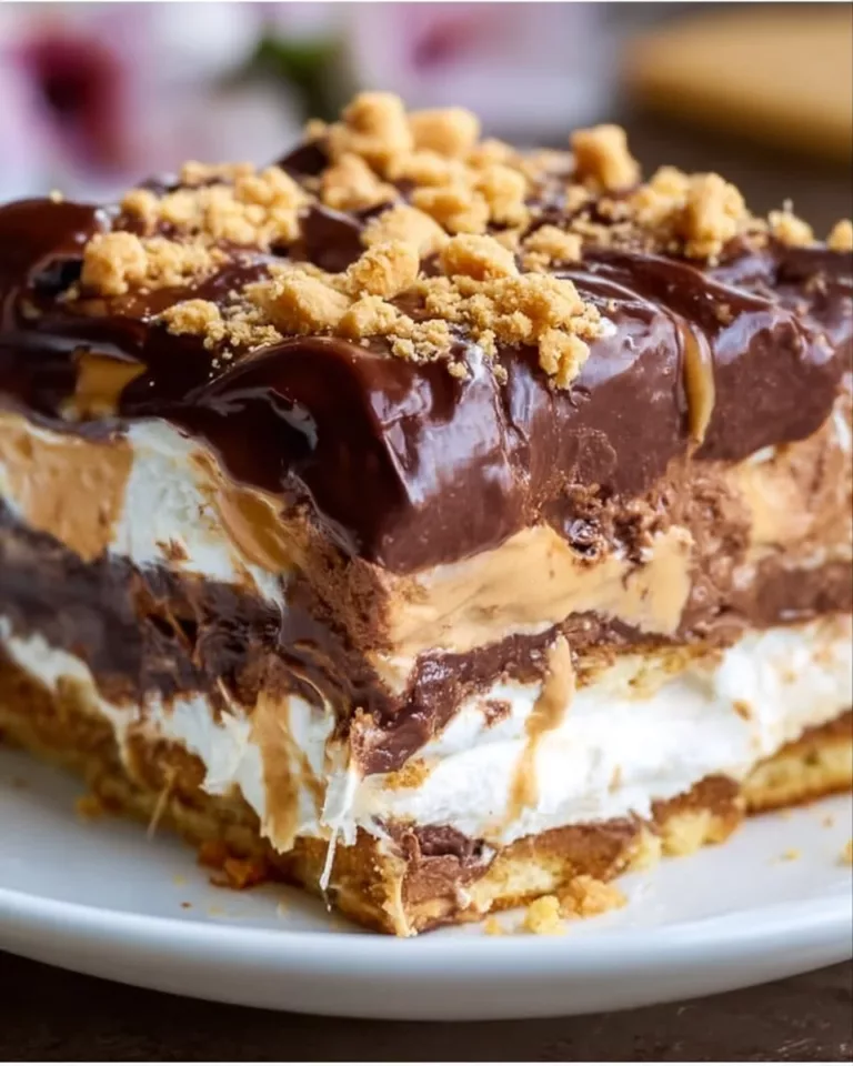 No bake peanut butter chocolate lasagna layered with creamy filling and chocolate