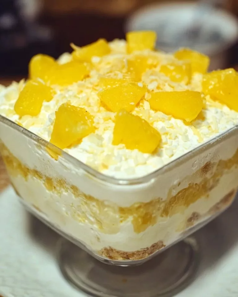 No-bake pineapple dessert garnished with fresh fruit and mint leaves.