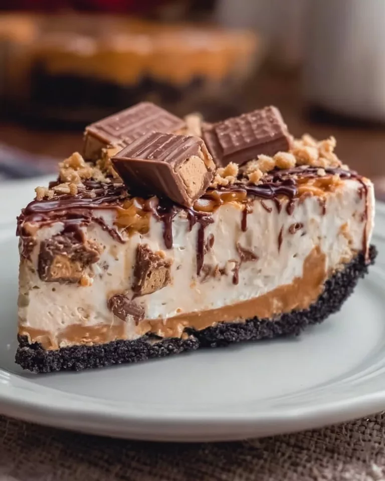 Delicious No Bake Snickers Pie garnished with chocolate and peanuts