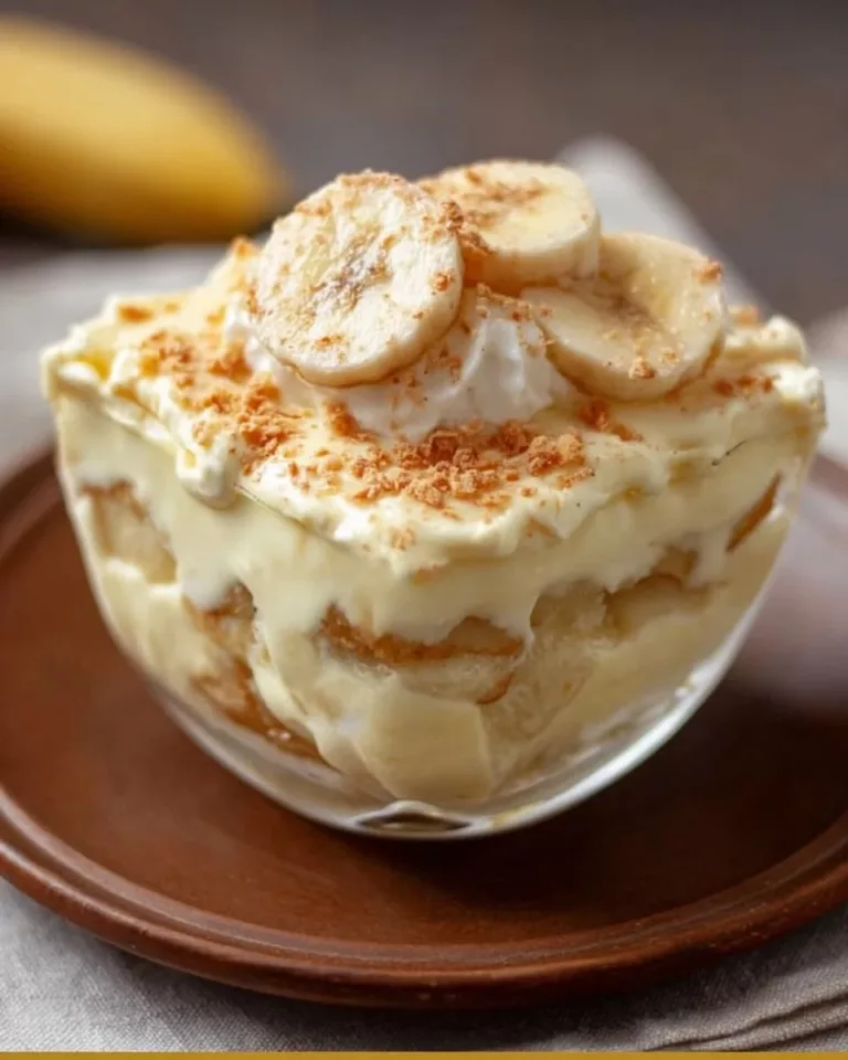 Delicious old-fashioned homemade banana pudding served in a bowl with bananas on top