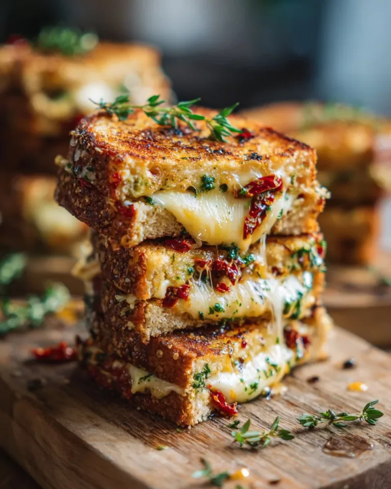 Delicious pesto grilled cheese sandwich with melted cheese and fresh basil