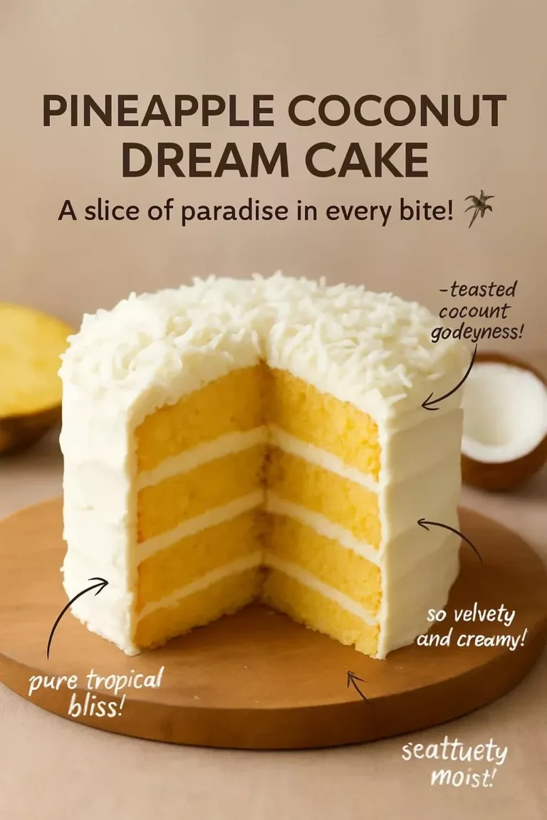 Slice of Pineapple Coconut Dream Cake topped with coconut flakes and pineapple.