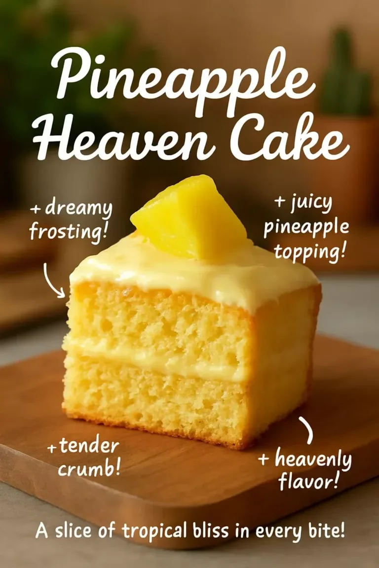 Delicious pineapple heaven cake topped with fresh pineapple slices and cream