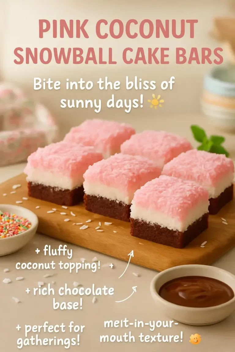Delicious Pink Coconut Snowball Cake Bars with coconut flakes and pink icing.