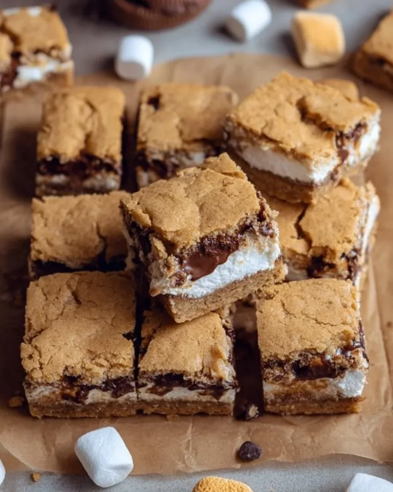 Delicious S'mores Cookie Bars with chocolate, marshmallows, and graham crackers.