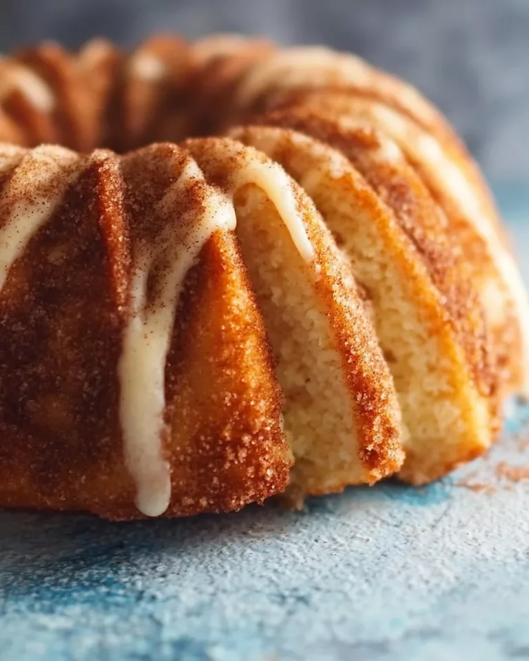 Deliciously frosted Snickerdoodle Bundt Cake with cinnamon sugar topping.