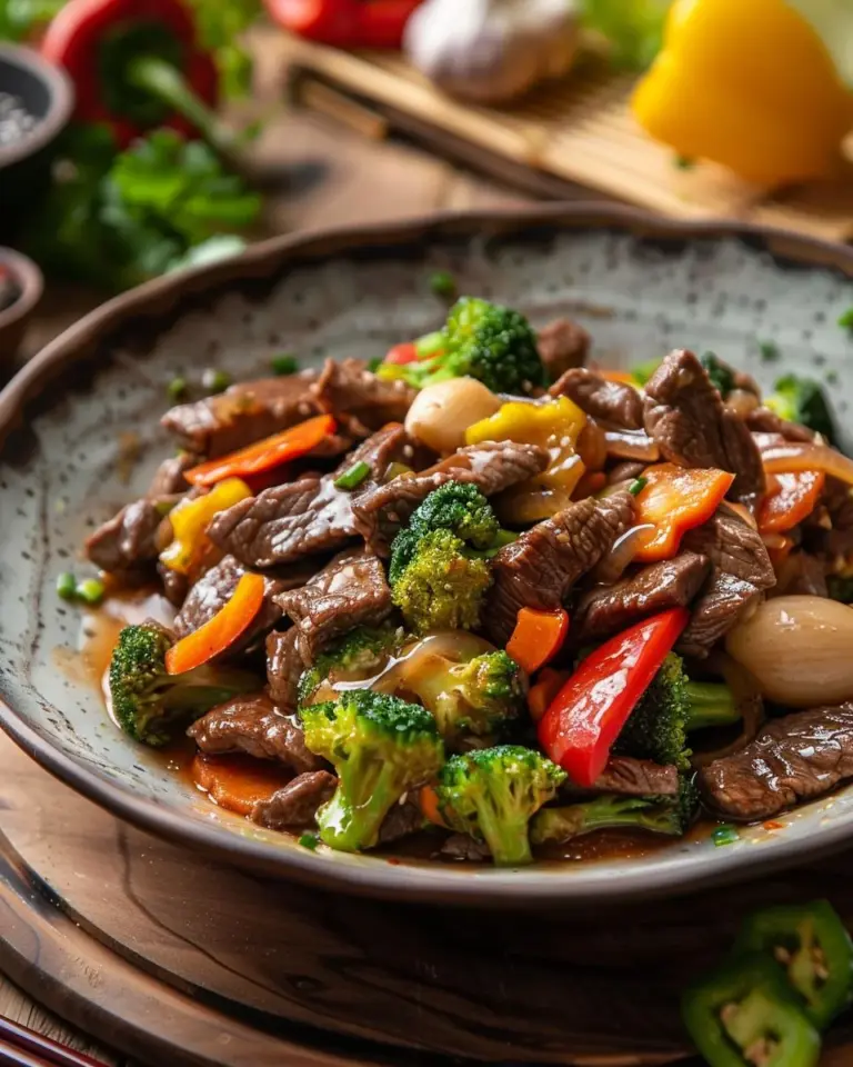 Delicious beef stir fry served with colorful vegetables