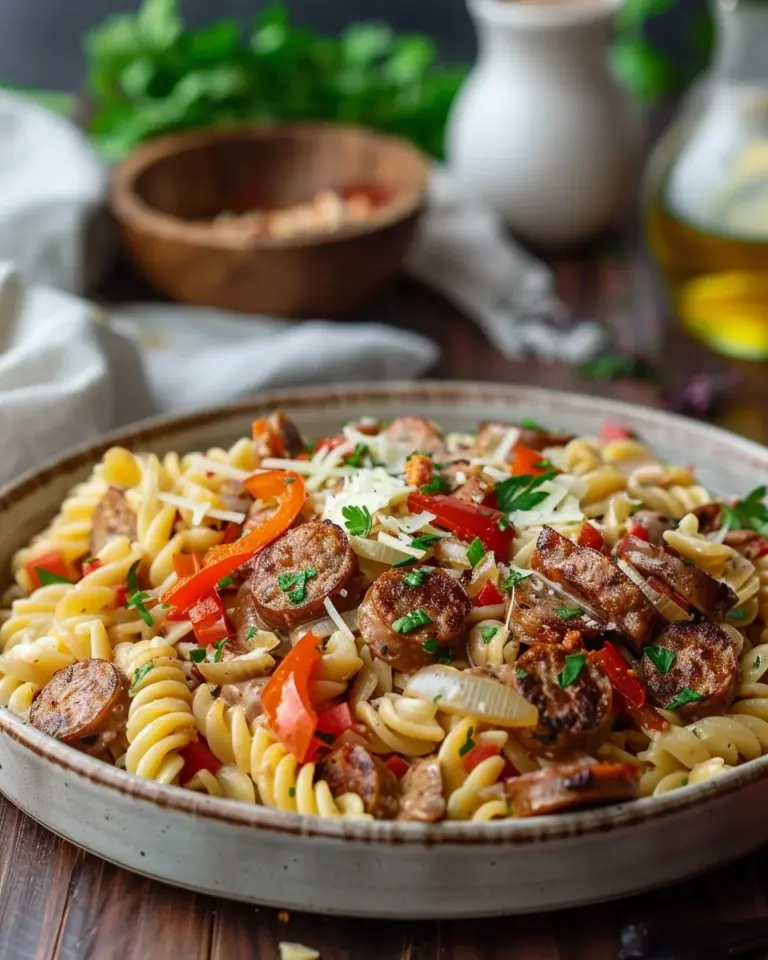 Delicious Cajun Sausage Pasta dish served in a bowl with vibrant ingredients.