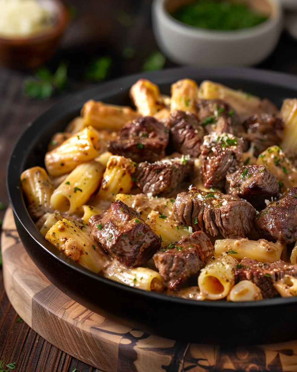 Cajun Steak Tips with Cheesy Rigatoni