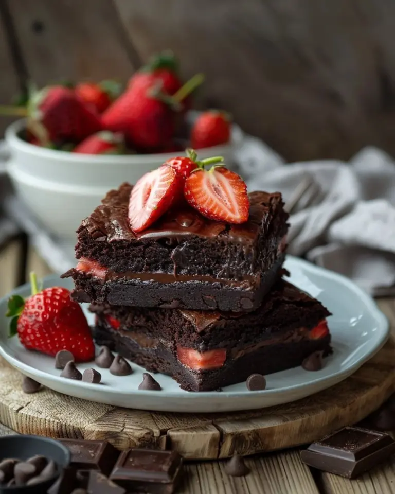 Delicious chocolate covered strawberry brownies on a plate