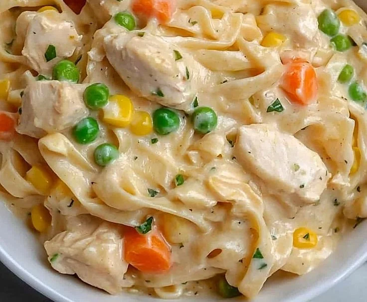A bowl of creamy Chicken Pot Pie Pasta topped with herbs and vegetables.
