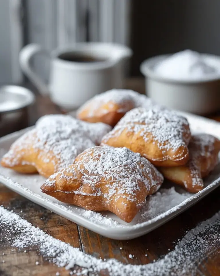 Freshly made classic New Orleans beignets dusted with powdered sugar