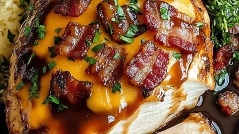 Delicious BBQ Bacon Cheddar Chicken topped with crispy bacon and melted cheese