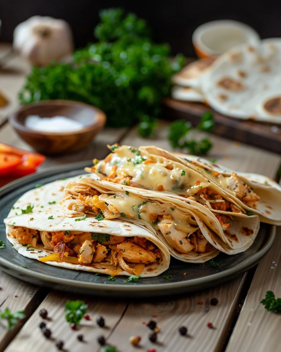 Cozy Cheesy Garlic Chicken Wraps