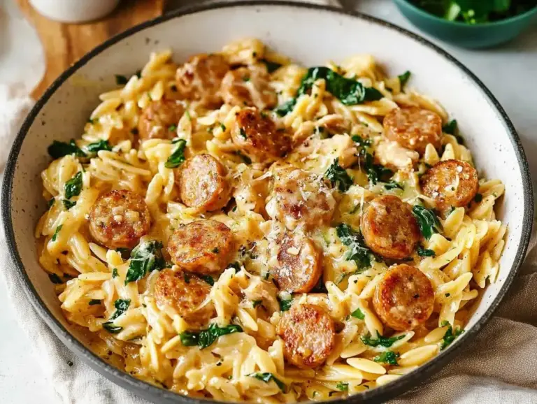 Creamy chicken sausage orzo in a skillet garnished with fresh herbs