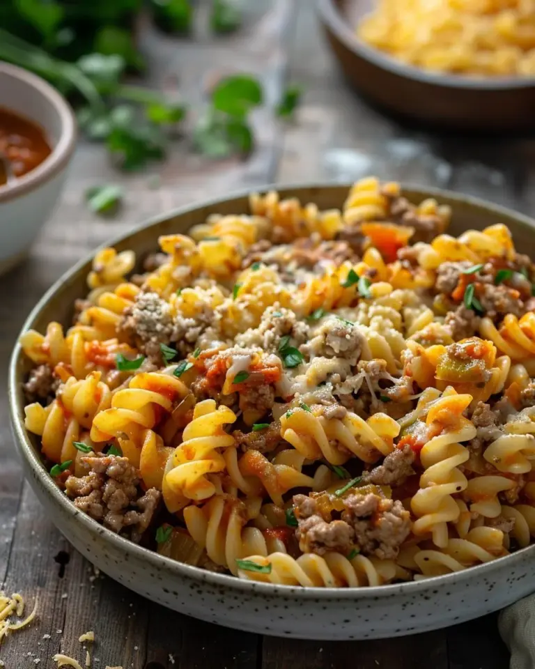 Creamy Rotel pasta with ground beef in a cozy dinner setting