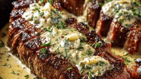 Delicious garlic butter steak topped with rich parmesan cream sauce